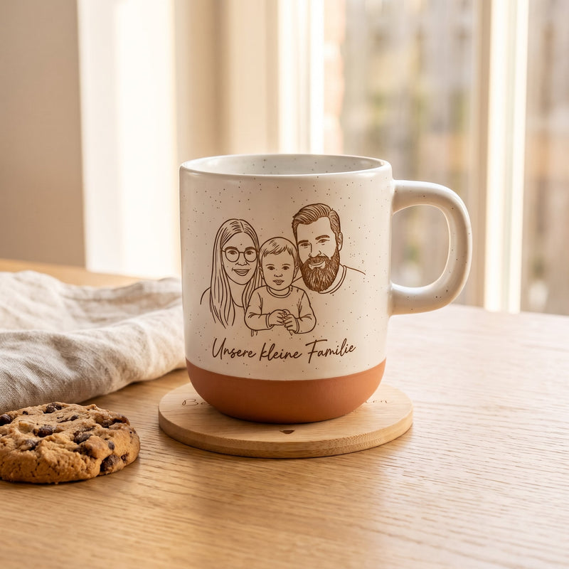 Happy Box Keramiktasse mit graviertem Familienportrait steht auf dem kleinen Bambus-Untersetzer mit Gravur, daneben Leinen und ein Keks.