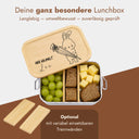Personalisierte Edelstahl-Brotdose mit Bambusdeckel, graviertem Hasenmotiv und Name fuer Kinder zur Einschulung.