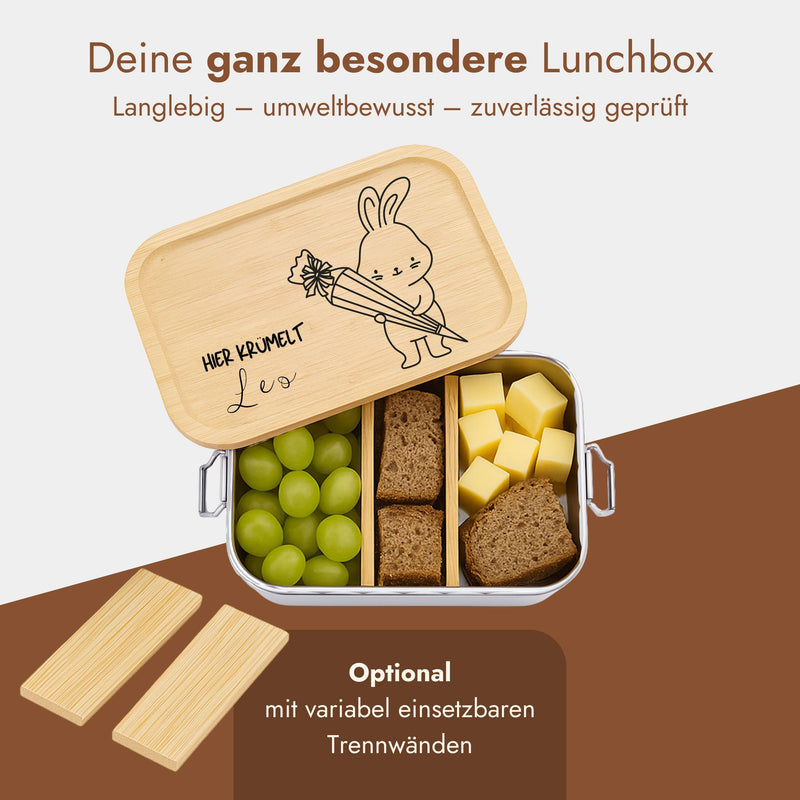 Personalisierte Edelstahl-Brotdose mit Bambusdeckel, graviertem Hasenmotiv und Name fuer Kinder zur Einschulung.