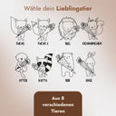 Auswahl aus acht Gravurmotiven mit Tierfiguren und Schultuete fuer personalisierte Edelstahl-Brotdose zur Einschulung.