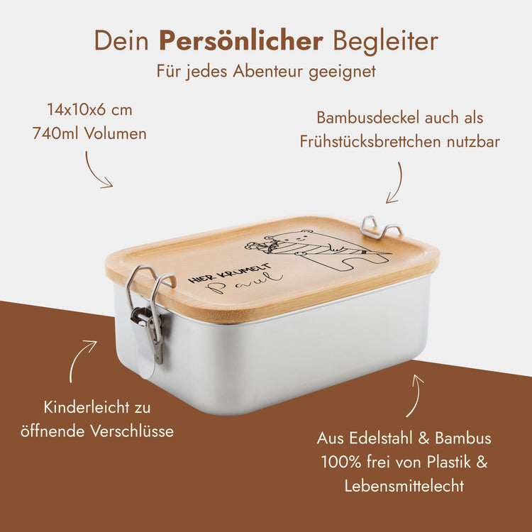 Personalisierte Edelstahl-Brotdose mit Bambusdeckel und graviertem Namen, ideal fuer die Schultüte.