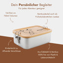 Personalisierte Edelstahl-Brotdose mit Bambusdeckel und graviertem Elch-Tiermotiv, 740 ml, plastikfrei.