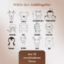 Auswahl aus 12 niedlichen Tiermotiven zur Gravur auf personalisierter Edelstahl-Brotdose fuer Kinder.