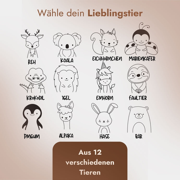Auswahl aus 12 niedlichen Tiermotiven zur Gravur auf personalisierter Edelstahl-Brotdose fuer Kinder.