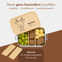 Personalisierte Edelstahl-Brotdose mit Bambusdeckel, Reh-Gravur und Name fuer Kinder.