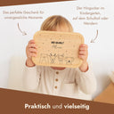 Personalisierte Edelstahl-Brotdose mit Holzdeckel, gravierte Waldtiere und Name Alma fuer Kinder.