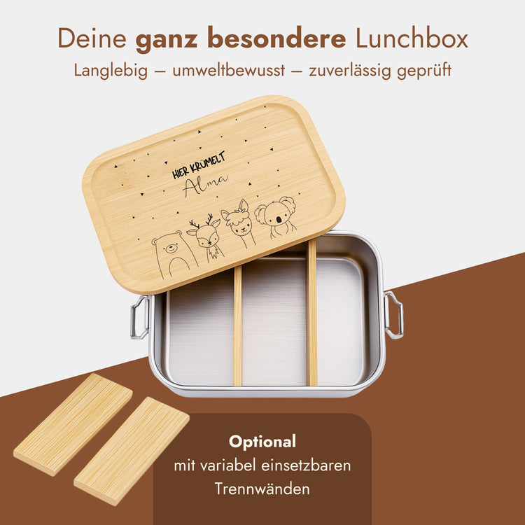 Personalisierte Edelstahl-Brotdose mit Bambusdeckel, Waldtiere-Gravur und Name, variablen Trennwaenden.