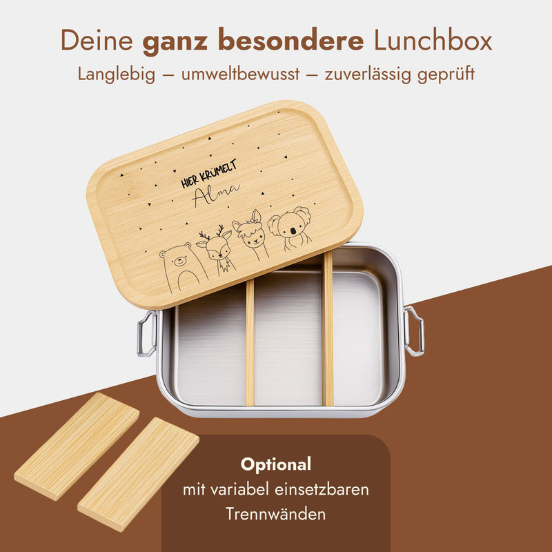 Personalisierte Edelstahl-Brotdose mit Bambusdeckel, Waldtiere-Gravur und Name, variablen Trennwaenden.