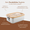 Personalisierte Edelstahl-Brotdose mit Bambusdeckel und gravierten Waldtieren fuer Kinder.