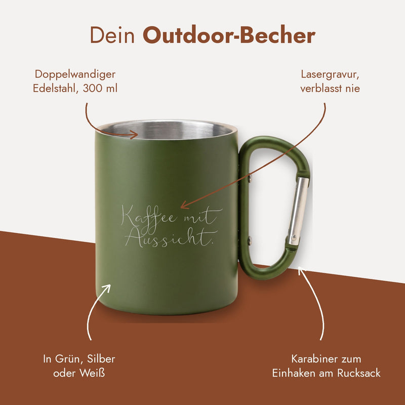 Dein Outdoor-Becher: grüner Campingbecher mit Gravur, doppelwandiger Edelstahl, Karabiner zum Einhaken am Rucksack.