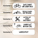 Fuenf Gravurvorlagen fuer personalisiertes Fahrrad Multitool mit Fahrrad-Motiven und individuellem Wunschtext.