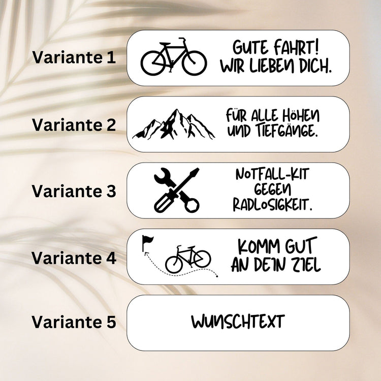 Fuenf Gravurvorlagen fuer personalisiertes Fahrrad Multitool mit Fahrrad-Motiven und individuellem Wunschtext.