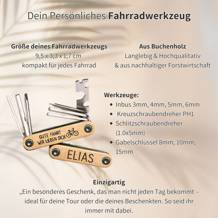 Personalisiertes Fahrrad-Multitool aus Buchenholz mit Namensgravur und neun Edelstahl-Werkzeugen im kompakten Klappformat.