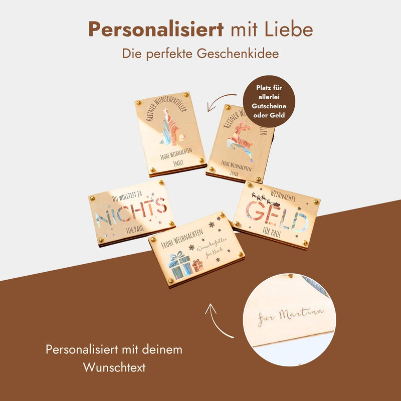 Holzkarten zu Weihnachten mit Namensgravur, Detail der Gravur „für Martina“.
