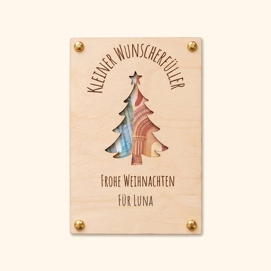 Geldgeschenk Weihnachten Holzkarte mit Weihnachtsbaum und Gravur Für Luna, Packshot.