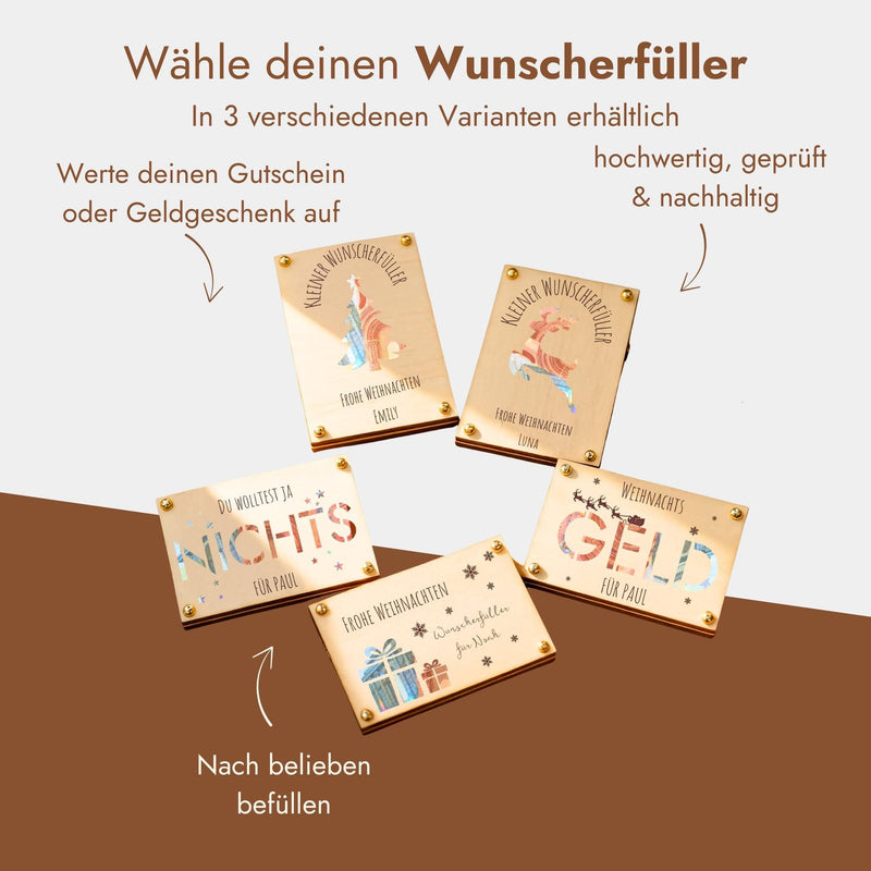 Übersicht der Geldgeschenk-Holzkarten zu Weihnachten: für Gutscheine oder Geld, nach Belieben befüllbar.