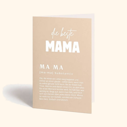 Grußkarte für Mama – Klappkarte vor cremefarbenem Hintergrund.