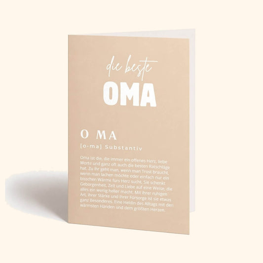 Grußkarte für Oma – Klappkarte vor cremefarbenem Hintergrund.
