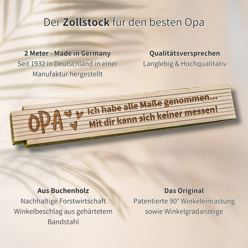 Personalisierter Zollstock aus Buchenholz mit Gravur Opa und liebevollem Spruch als Geschenk fuer den besten Opa.