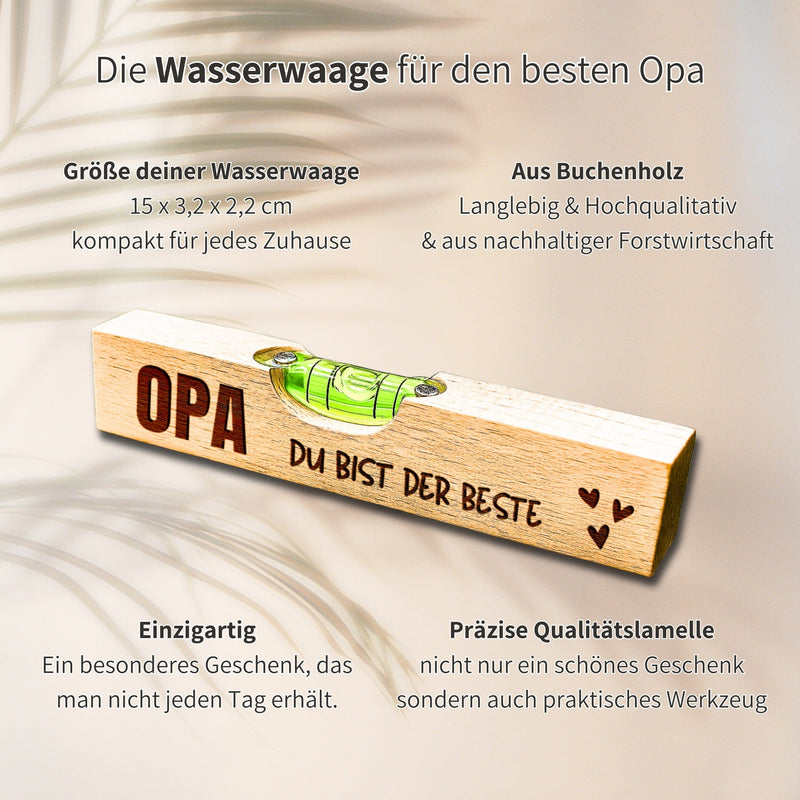 Personalisierte Wasserwaage aus Buchenholz mit Gravur Opa du bist der Beste als Geschenkset fuer Grossvaeter.