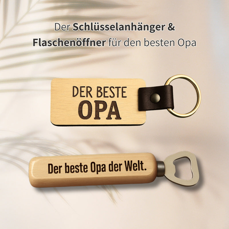 Holz-Schluesselanhaenger mit Gravur "Der beste Opa" und passender Flaschenoeffner als personalisiertes Geschenkset fuer Opa.