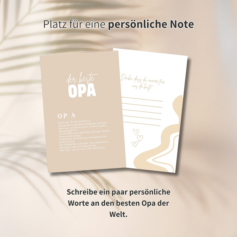Personalisierte Grußkarte für Opa mit Definition und Platz für persönliche Widmung in Beige-Tönen.
