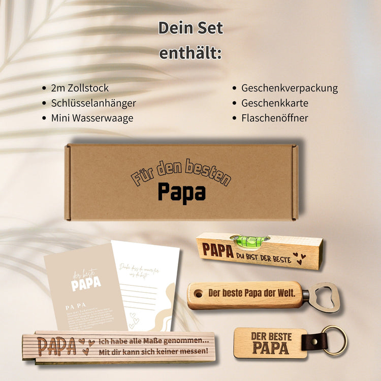 Personalisiertes Geschenkset Papa mit Zollstock, Wasserwaage, Flaschenöffner und Schlüsselanhänger aus Holz.