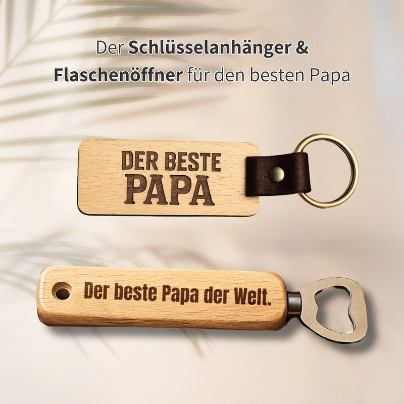Personalisierter Schlüsselanhänger und Flaschenöffner aus Holz mit Gravur Der beste Papa als Geschenkset.