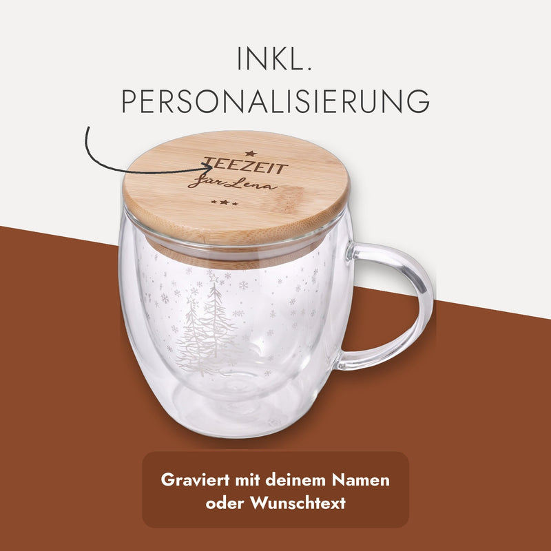 Glasbecher mit graviertem Bambusdeckel Teezeit für Lena, Text: inkl. Personalisierung