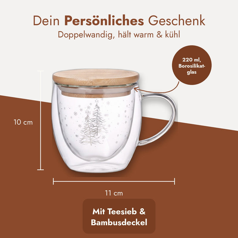 Doppelwandiger Glasbecher mit Maßangaben 10 cm hoch und 11 cm breit, 220 ml