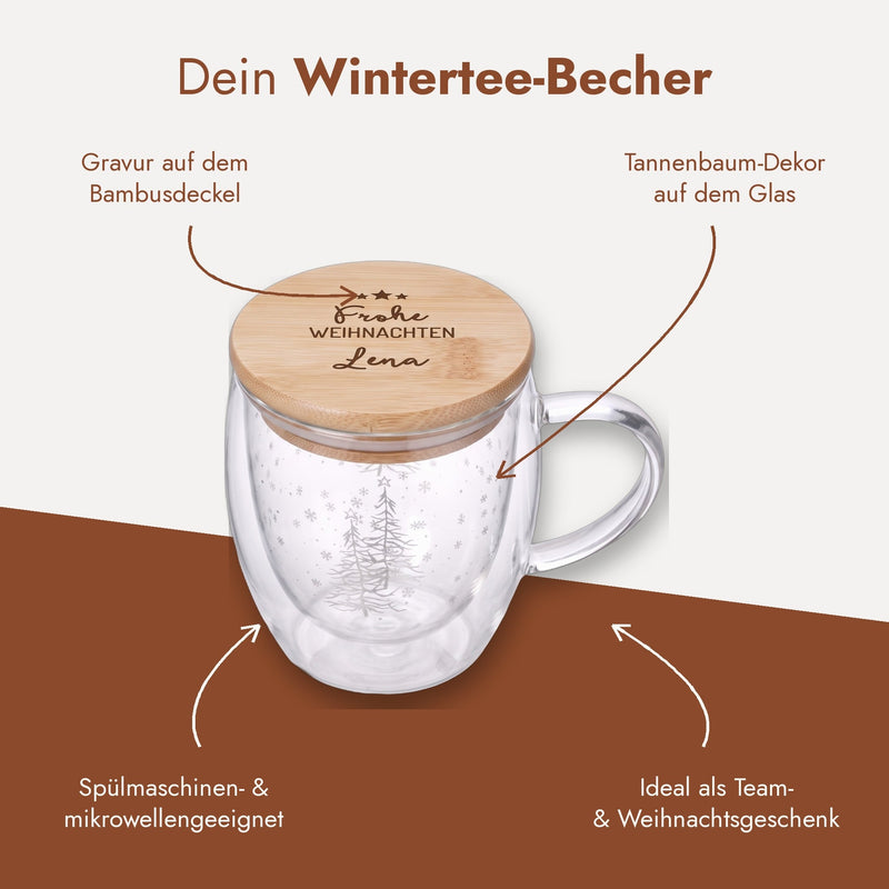 Dein Wintertee-Becher: Gravur auf dem Bambusdeckel, Tannenbaum-Dekor, spülmaschinengeeignet
