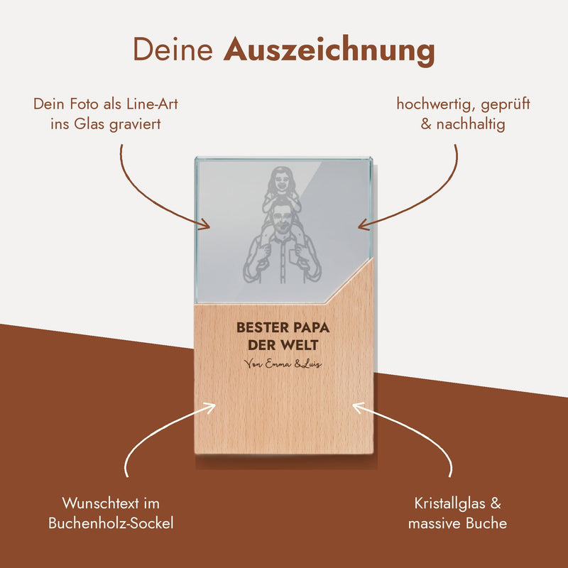 Deine Auszeichnung: Foto als Line-Art im Glas, Wunschtext im Holz, Kristallglas und massive Buche.