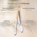 Personalisierbare Grillzange aus Edelstahl mit Bambusholzgriff fuer individuelle Gravur, 33 cm lang.