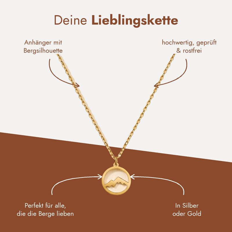 Deine Lieblingskette: Anhänger mit Bergsilhouette, hochwertig und rostfrei, in Silber oder Gold, für alle, die die Berge lieben.
