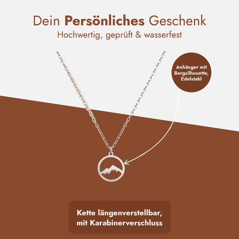 Halskette Berge in Silber, Text: Dein persönliches Geschenk, Anhänger mit Bergsilhouette aus Edelstahl, Kette längenverstellbar mit Karabinerverschluss.