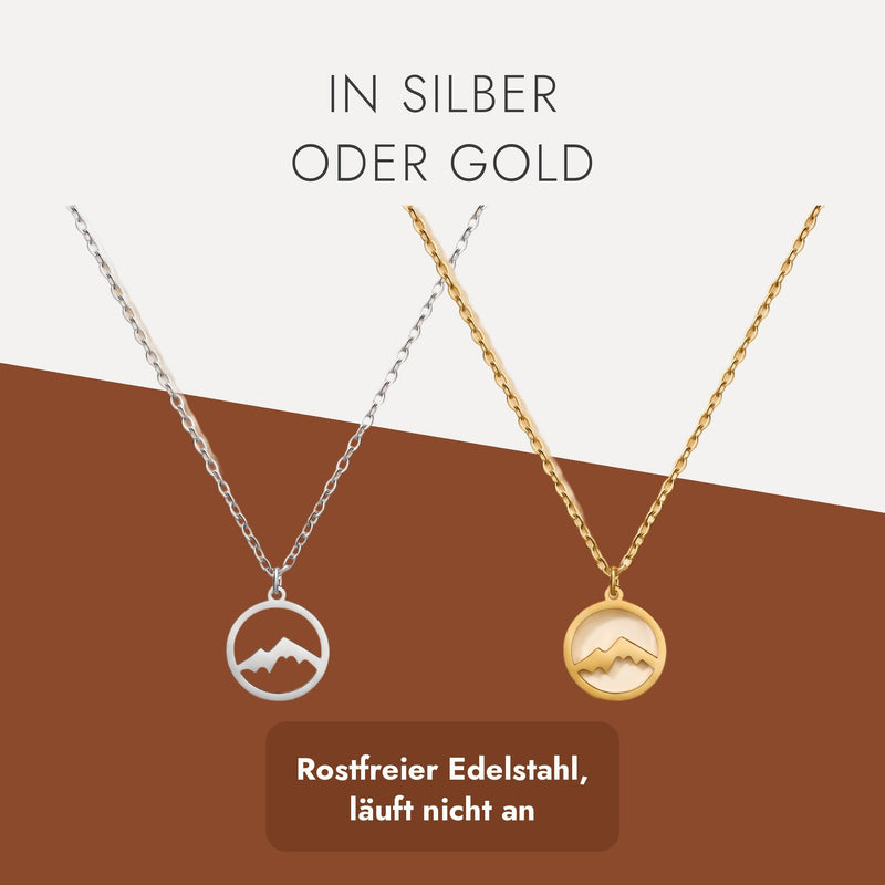 Halskette Berge in Silber und Gold nebeneinander, Text: In Silber oder Gold, rostfreier Edelstahl, läuft nicht an.
