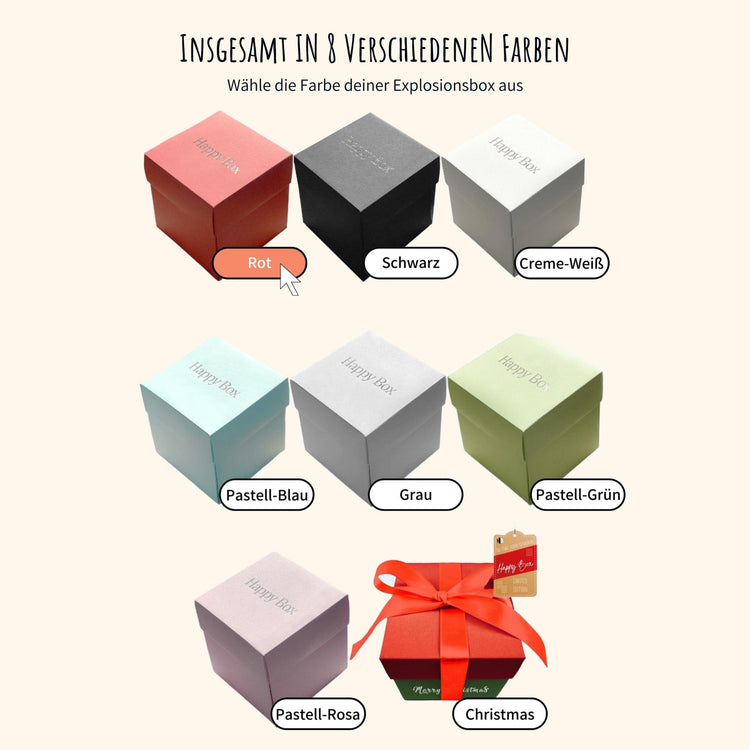 Happy Box Geschenkbox in acht Farben von Rot ueber Pastell-Blau bis Weihnachtsedition mit Schleife.
