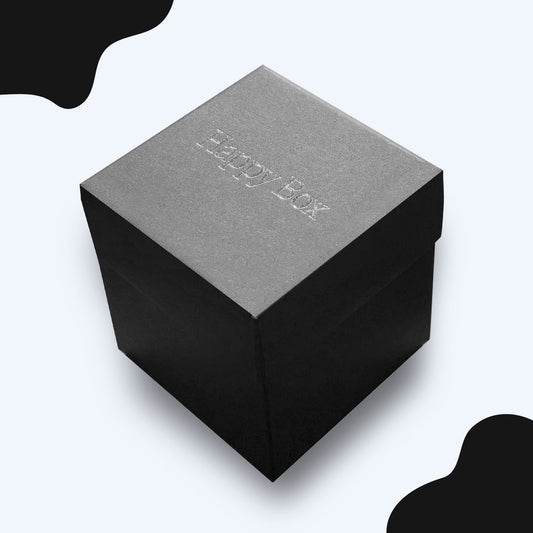 Schwarze Happy Box Geschenkbox mit silberner Praegung auf dem Deckel als edle Geschenkverpackung.