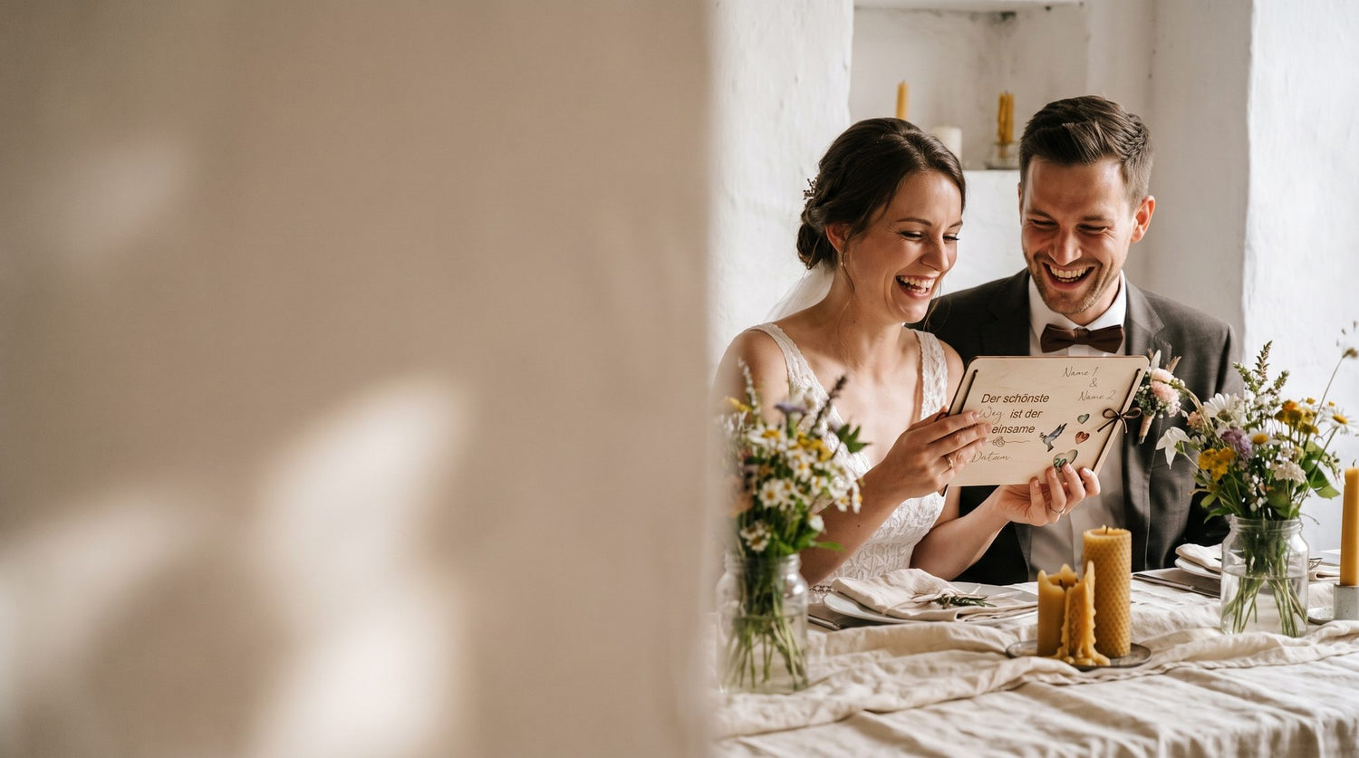 Personalisierte Geschenke zur Hochzeit: Brautpaar freut sich am festlich gedeckten Tisch über sein graviertes Geschenk