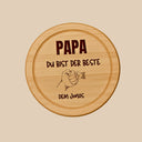 Rundes Holzbrett aus Buche mit personalisierter Gravur Papa du bist der Beste und Faust-Motiv als Vatertagsgeschenk.