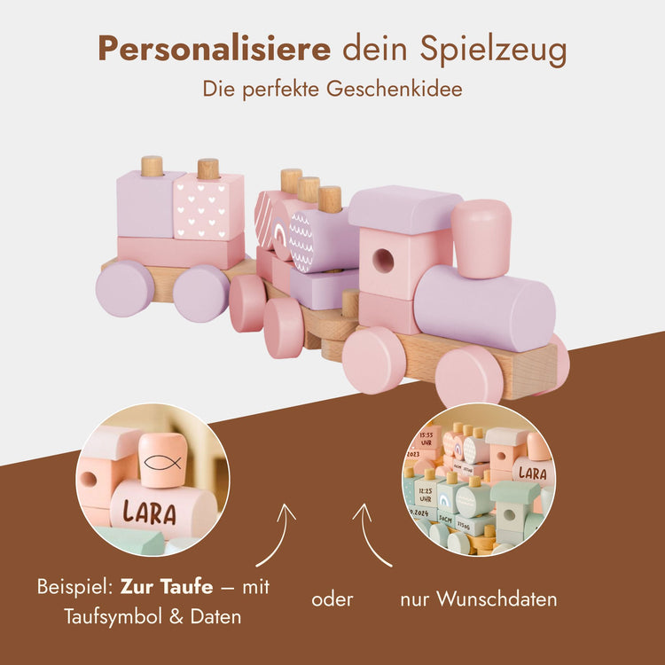 Personalisierbarer Holz-Stapelzug in Rosa und Lila mit Namensgravur, ideal als Geschenk zur Taufe.