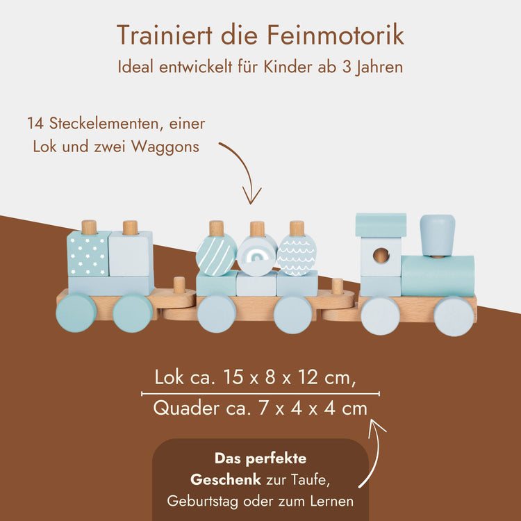 Personalisierbarer Holz-Stapelzug in Pastellblau mit Lok und zwei Waggons aus 14 Steckelementen fuer Kinder ab 3 Jahren.