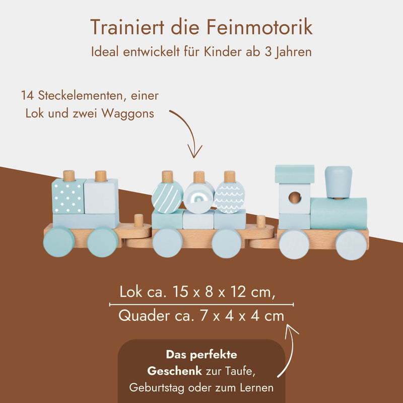 Personalisierbarer Holz-Stapelzug in Pastellblau mit Lok und zwei Waggons aus 14 Steckelementen fuer Kinder ab 3 Jahren.