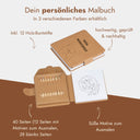 Personalisiertes Malbuch mit Holzcover, 12 Buntstiften und suessen Tiermotiven fuer Kinder.