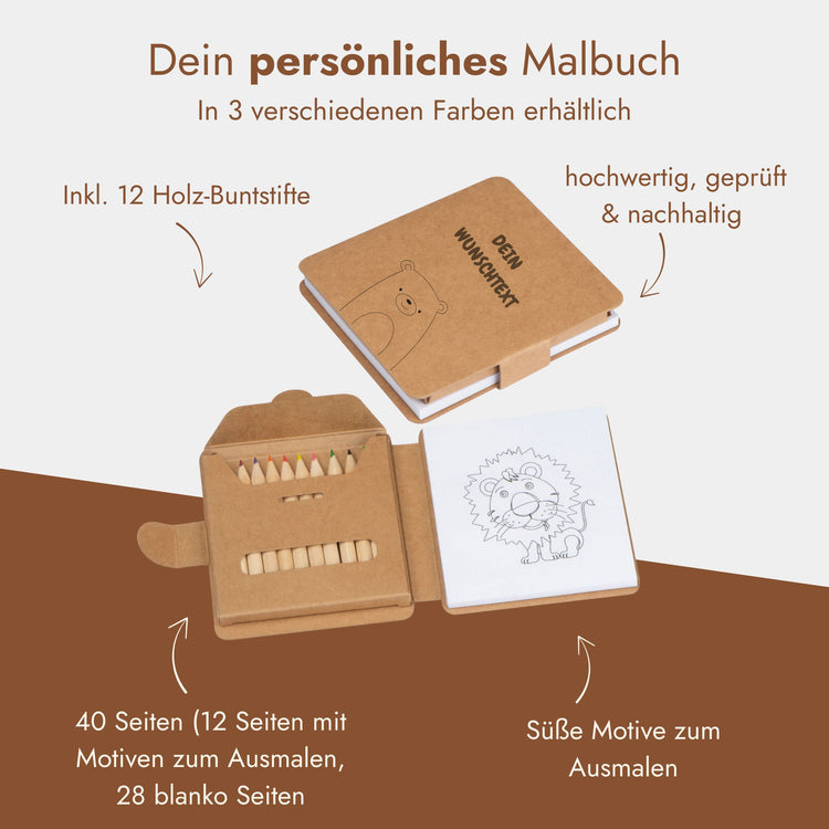 Personalisiertes Malbuch mit Holzcover, 12 Buntstiften und suessen Tiermotiven fuer Kinder.