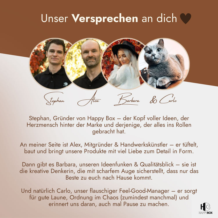 Teamvorstellung von Happy Box mit Gründer Stephan, Mitgründer Alex, Barbara und Katze Carlo.