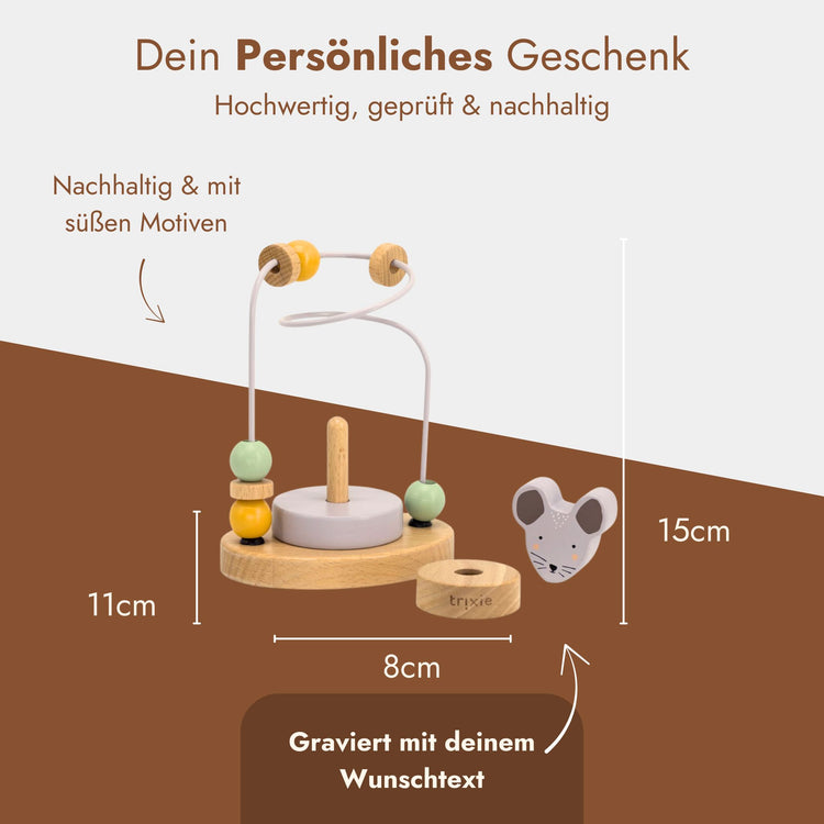 Motorikschleife aus Holz mit Waldtier-Maus und bunten Perlen, personalisiert durch Gravur mit Wunschtext.