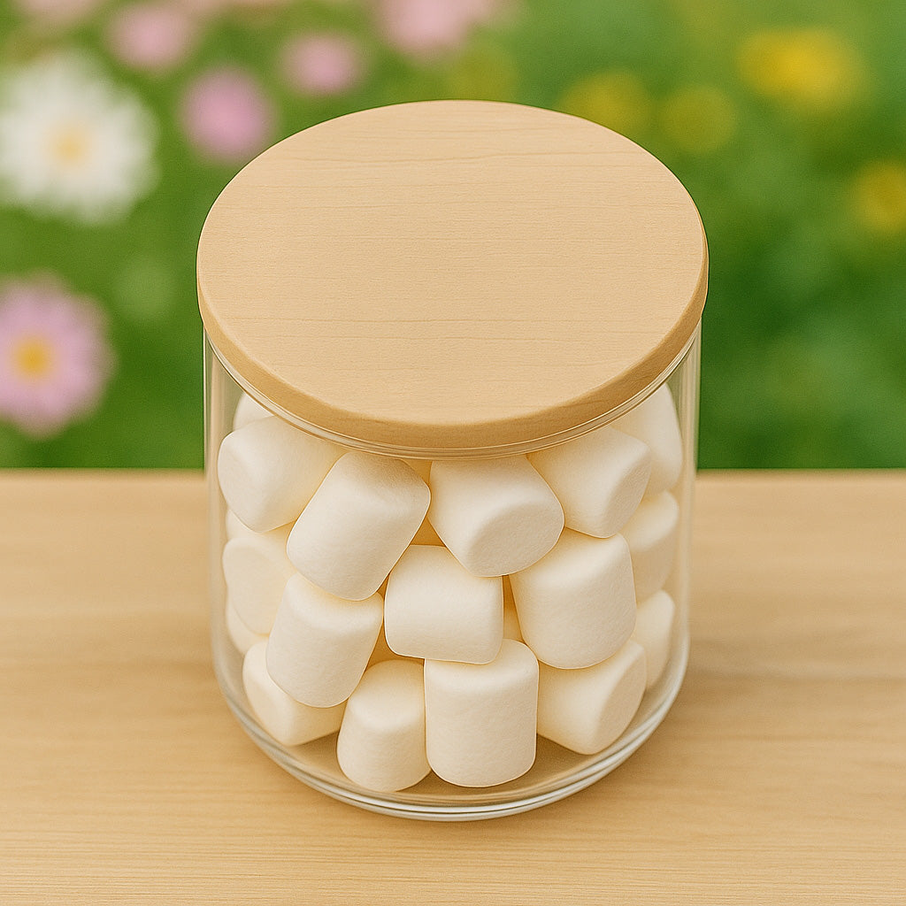 Personalisiertes Vorratsglas mit Holzdeckel gefuellt mit Marshmallows als Dankeschoen-Geschenk.