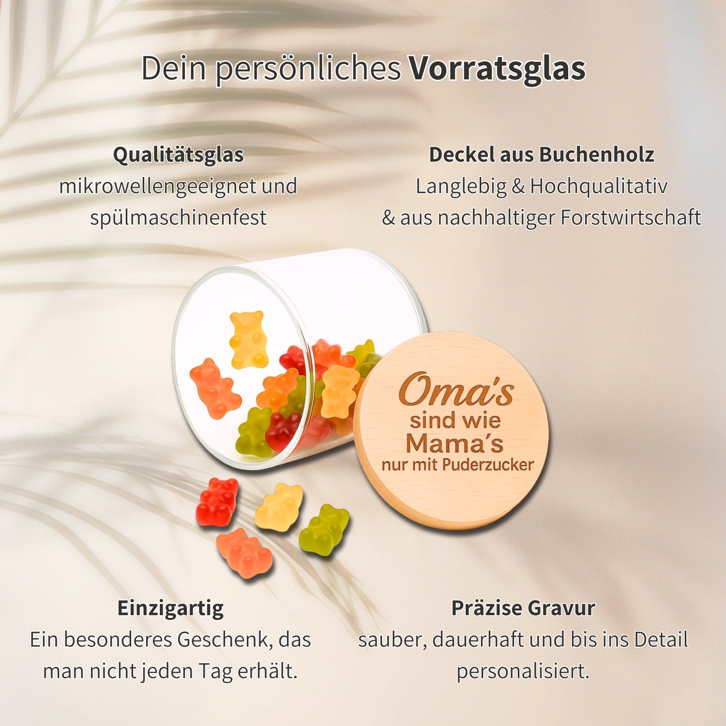 Personalisiertes Vorratsglas mit Buchenholzdeckel und Gravur Danke, gefuellt mit bunten Gummibaerchen.