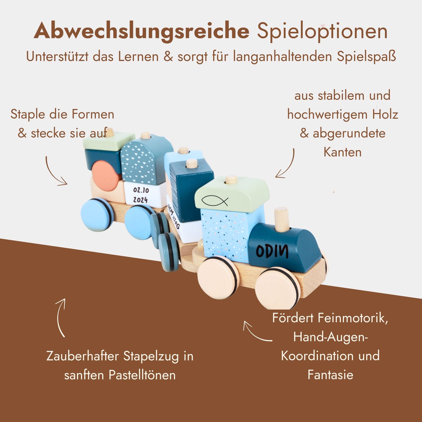 Personalisierter Holz-Zug mit Namen – Geschenk zur Geburt, Taufe Happy Box 